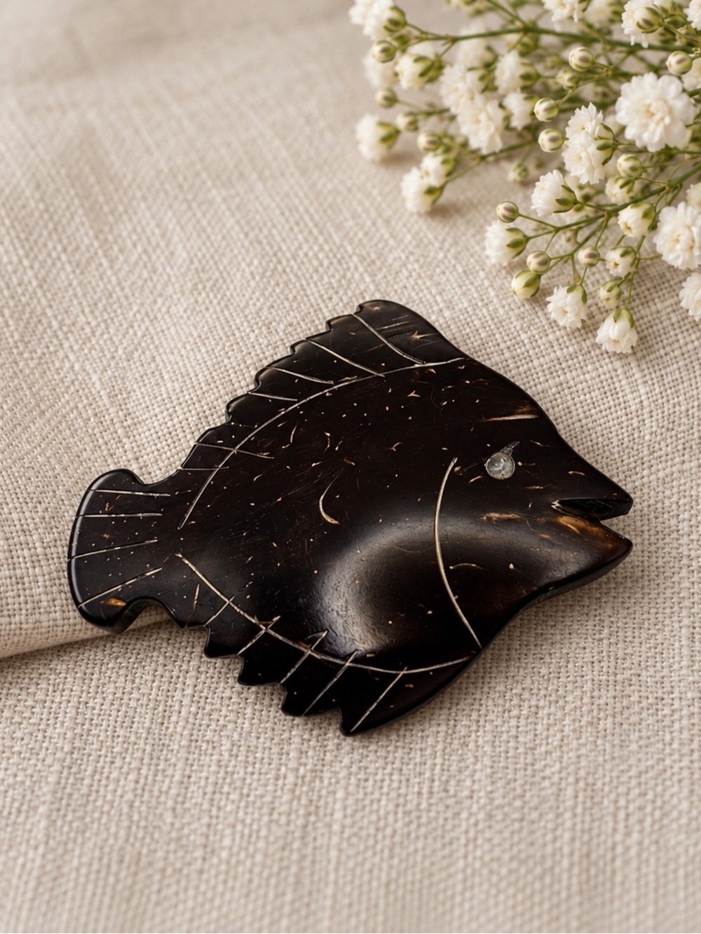 Vintage Carved Coconut Shell Fish Brooch
